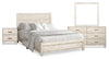 Ensemble de chambre à coucher Arbor 6 pièces bois de grève blanc avec lit à panneaux, commode, miroir et table de nuit - format très grand lit
