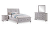 Ensemble de chambre à coucher Kylie 6 pièces sable avec lit de rangement, commode, miroir et table de nuit - format grand lit