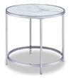 Table de bout ronde somptueuse Josie de 24 po avec dessus en verre et roulettes - imitation de marbre gris avec pattes en métal