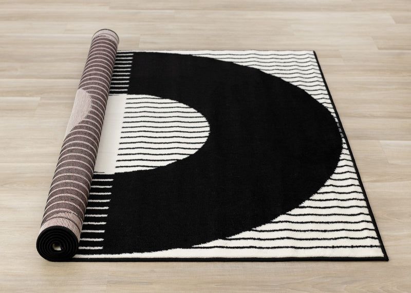 Florence rayures noires et blanches et cercles creux, design moderne, 7'6\" x 9'6\"