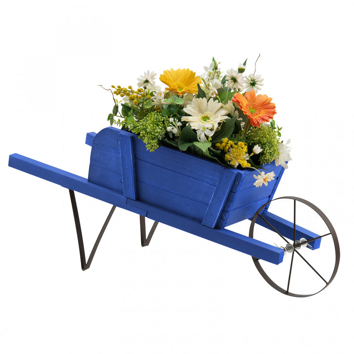Costway En Bois Wagon Planter Decoratif Interieur/exterieur Rustique Fleur Chariot Avec Roue Bleu