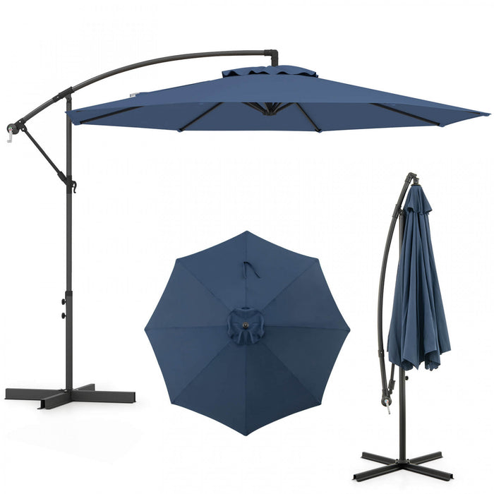 Costway Parasol suspendu 10' pour patio, ombre solaire decalee avec base Croix exterieur Marche Bleu