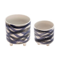 Cache-pot sur pied de 6 po/9 po en céramique avec spirales bleues - ensemble de 2