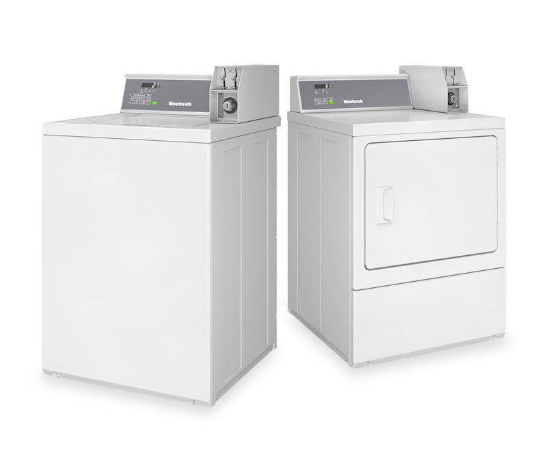 Laveuse à chargement par le haut et sécheuse électrique Huebsch avec système à pièces - blanches