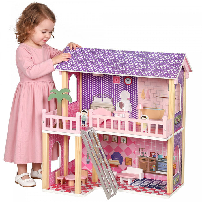 Qaba Maison de poupee en bois 5 pieces avec poupees et mobilier, rose