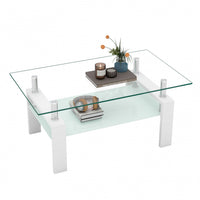  Table basse moderne rectangulaire en verre trempe transparent Liam, avec pieds blancs