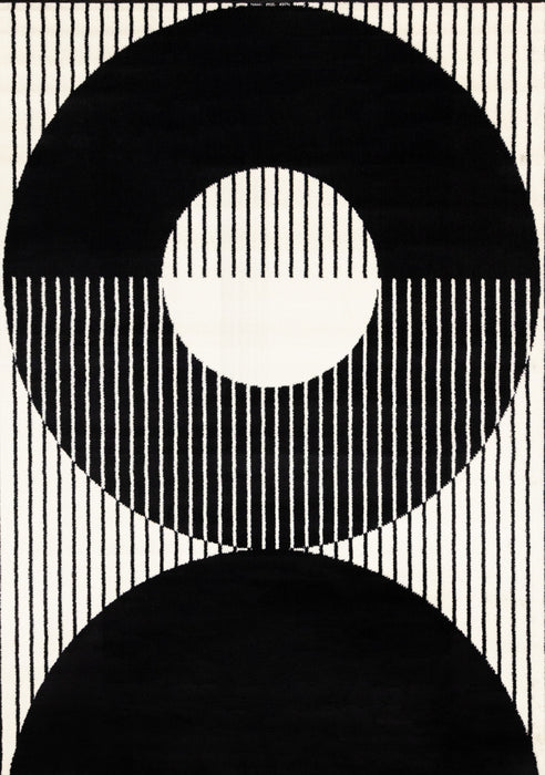 Florence rayures noires et blanches et cercles creux, design moderne, 7'6\" x 9'6\"