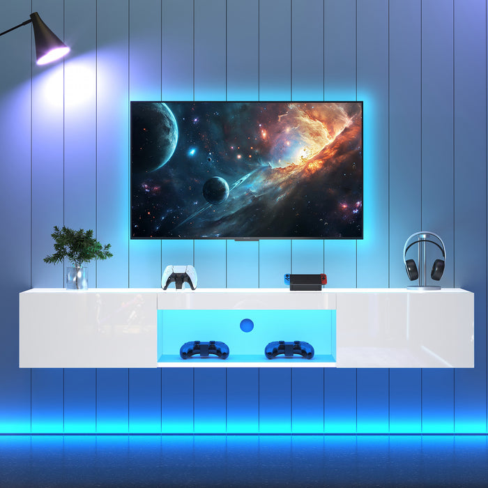 Evan meuble TV mural flottant – meuble avec eclairage LED et portes de rangement, blanc