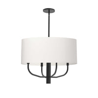 Lustre Eleanor de Dainolite avec abat-jour en tissu blanc, fini noir mat et 4 ampoules