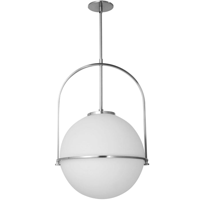 Grand luminaire suspendu Paola de Dainolite en verre blanc opale, avec fini chromé poli et 1 ampoule