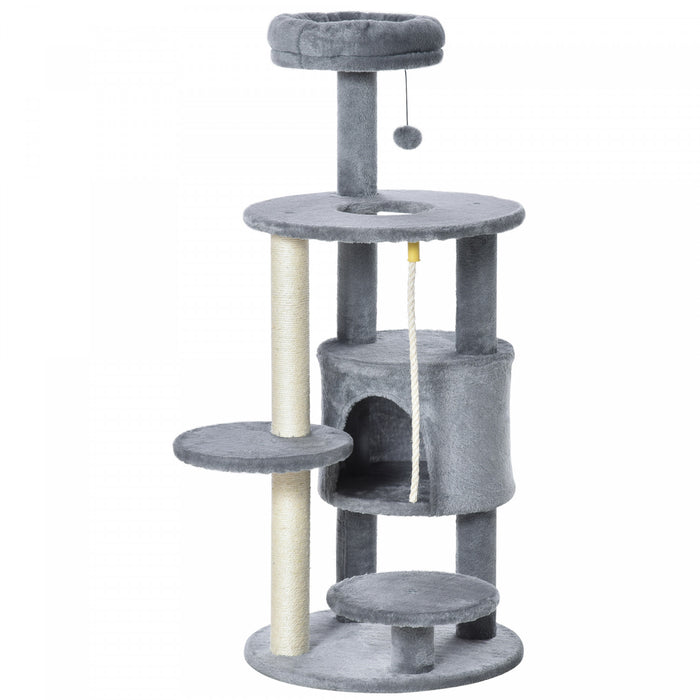 Pawhut Tour D'arbre A Chat Pour Chats D'interieur 112 Cm Centre D'activite Pour Chaton Grimpant Avec Poteau A Gratter En Jute, Perchoir, Balle Suspendue, Jouet, Corde A Taquiner, Gris Fonce