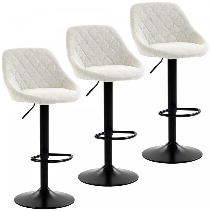 HOMCOM Lot de 3 tabourets de bar reglables en tissu aspect lin, blanc casse