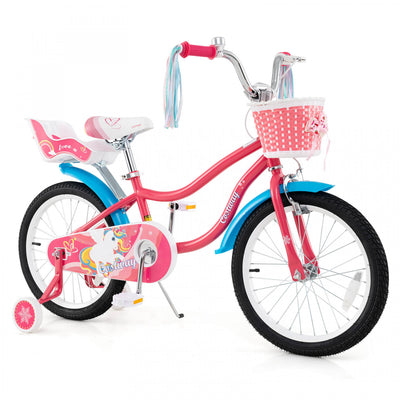 Costway 18" Kids Bike For 4-8 Years Old With Basket Doll Seat & Colorful Streamers Kickstand Pink