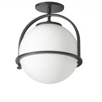 Plafonnier semi-affleuré Paola de Dainolite en verre blanc opale, avec fini noir mat et 1 ampoule