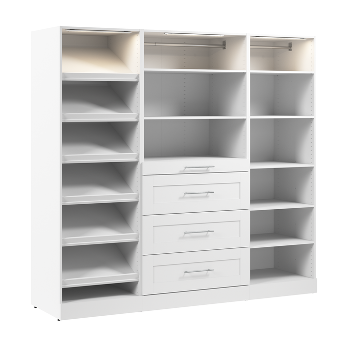 Système de garde-robe et pièce-penderie modulaire Florence de Bestar de 85 po avec éclairages à DEL, tiroirs et tablettes pour chaussures de style Shaker - blanc