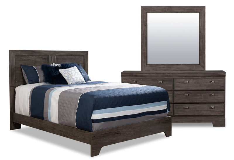 Ensemble de chambre à coucher Yorkdale 5 pièces avec lit à panneau, commode et miroir, gris - format grand lit