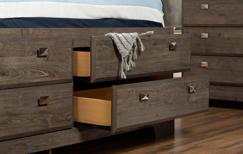 Ensemble de chambre à coucher Yorkdale 6 pièces avec lit de rangement à 12 tiroirs, commode, miroir et table de nuit, gris - format grand lit