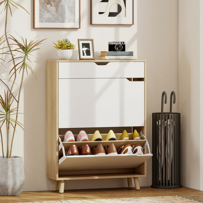 HOMCOM Meuble a Chaussures Etroit avec 2 Tiroirs Basculants, Blanc