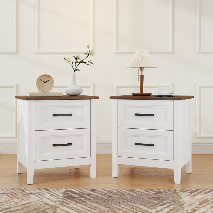 Ensemble de Tables de Chevet HOMCOM Style Ferme, Lot de 2 avec 2 Tiroirs, Blanc