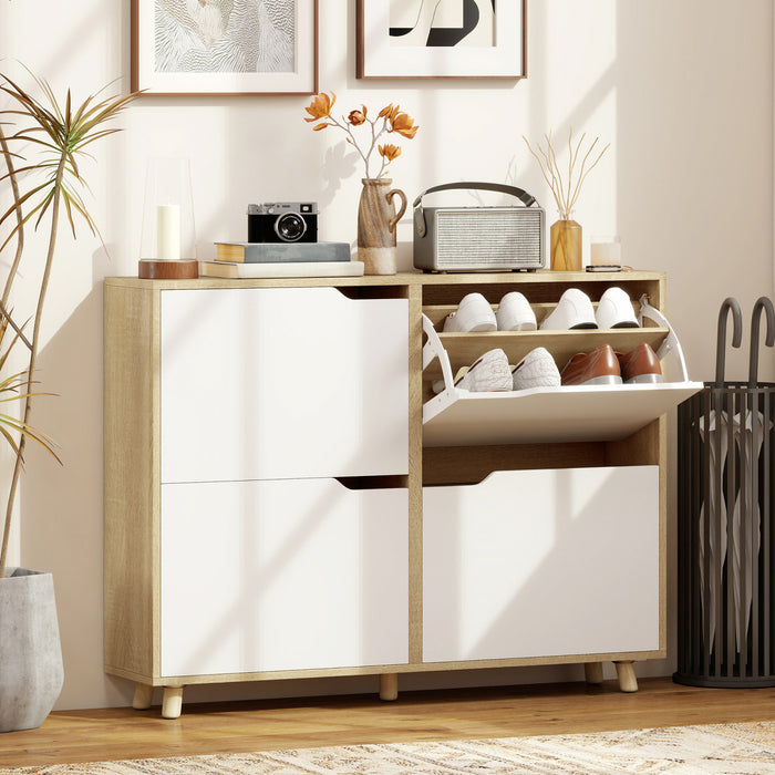HOMCOM Armoire a Chaussures avec 4 Tiroirs Basculants, Bois Naturel
