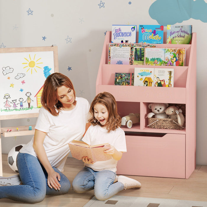 Homcom Bibliotheque Pour Enfants Multi-etageres Avec Tiroir De Rangement Pour Livres Pour Coin Lecture, Salle De Classe, Chambre, Salle De Jeux, Rose
