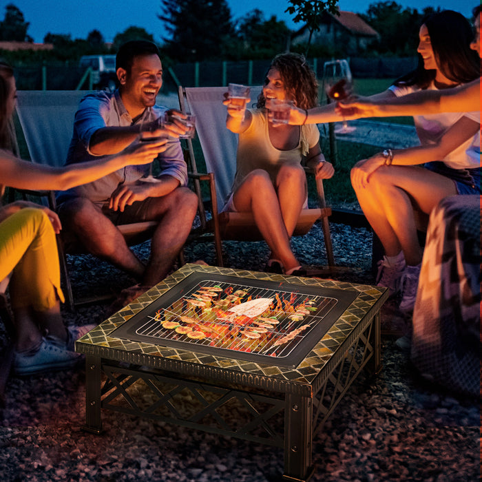 Outsunny Poele Carre Exterieur En Acier De 30 Po Avec Pare-etincelles, Grille A Buches, Tisonnier, Filet De Gril Pour Terrasse