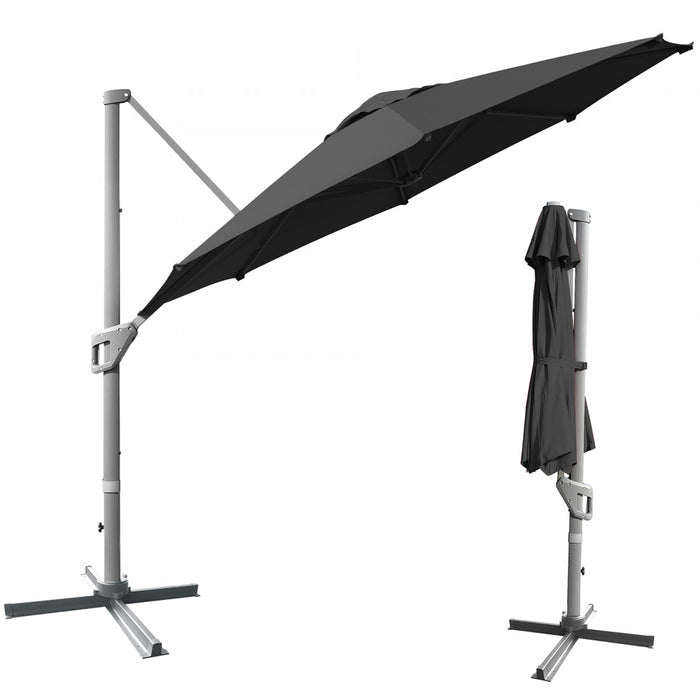 Costway Parasol deporte 11ft pour terrasse a rotation cantilever, aluminium, inclinable, base croisee, gris
