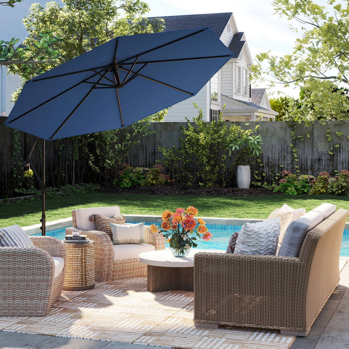 Costway Parasol suspendu 10' pour patio, ombre solaire decalee avec base Croix exterieur Marche Bleu