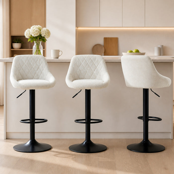 HOMCOM Lot de 3 tabourets de bar reglables en tissu aspect lin, blanc casse