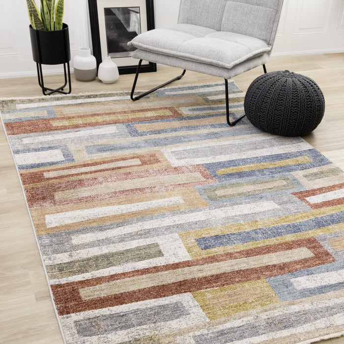 Carpette moderne et raffinée Macey grise, bleue et rouge- 7 pi 10 po x 10 pi 2 po