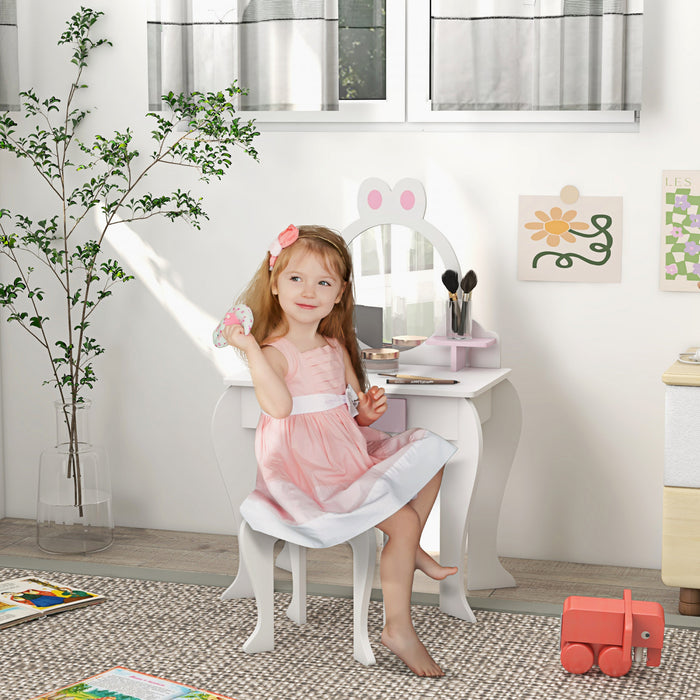 Qaba Coiffeuse Pour Enfants Avec Miroir Et Tabouret, Coiffeuse Pour Filles Avec Tiroir, Boites De Rangement, Vanite De Maquillage Design Lapin, Pour 3-6 Ans, Blanc