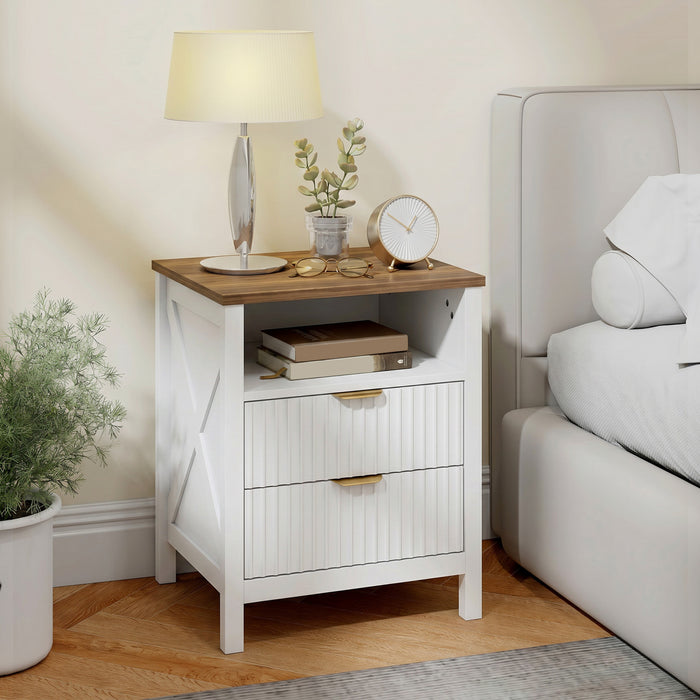 HOMCOM Table de chevet avec etagere et 2 tiroirs, blanc et noyer