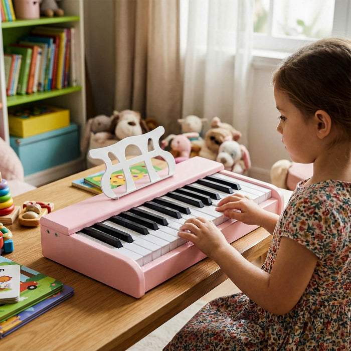 Costway Clavier de Piano pour Enfants 30 Touches avec Pupitre Amovible et Fonction Demarrage a Une Touche - Rose