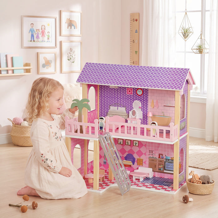 Qaba Maison de poupee en bois 5 pieces avec poupees et mobilier, rose
