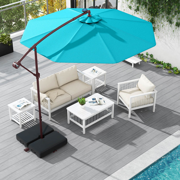 Parasol deporte suspendu Costway 10 pieds avec 32 LED, sac de sable, base croisee exterieure turquoise