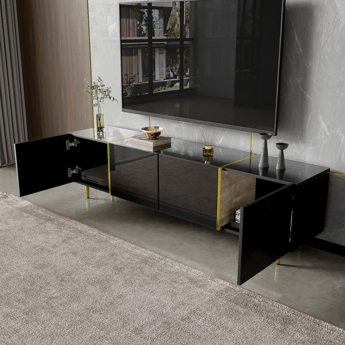 Meuble Tv Moderne Frances Avec 4 Portes, Noir Laque Brillant