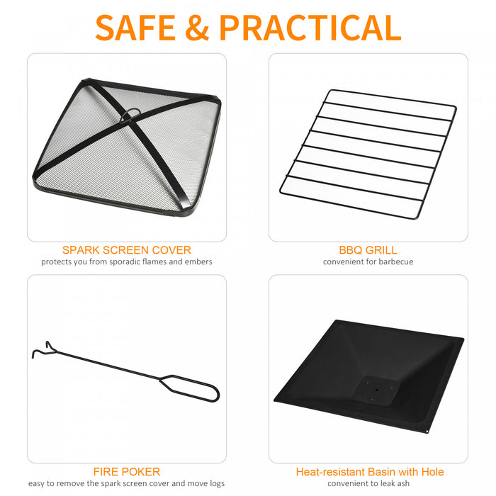 Outsunny Poele Carre Exterieur En Acier De 30 Po Avec Pare-etincelles, Grille A Buches, Tisonnier, Filet De Gril Pour Terrasse
