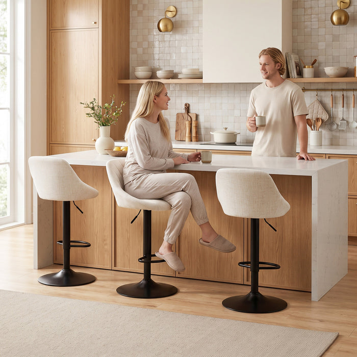 HOMCOM Lot de 3 tabourets de bar reglables en tissu aspect lin, blanc casse