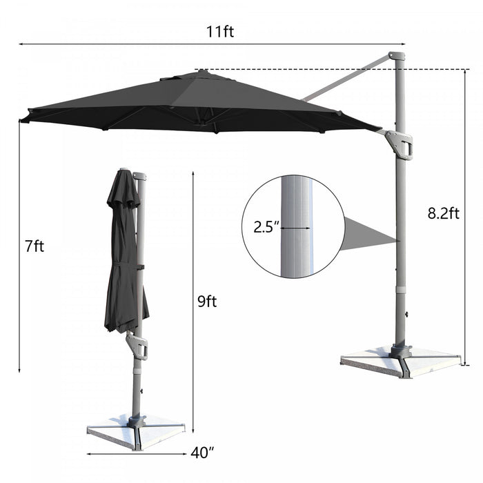 Costway Parasol deporte 11ft pour terrasse a rotation cantilever, aluminium, inclinable, base croisee, gris