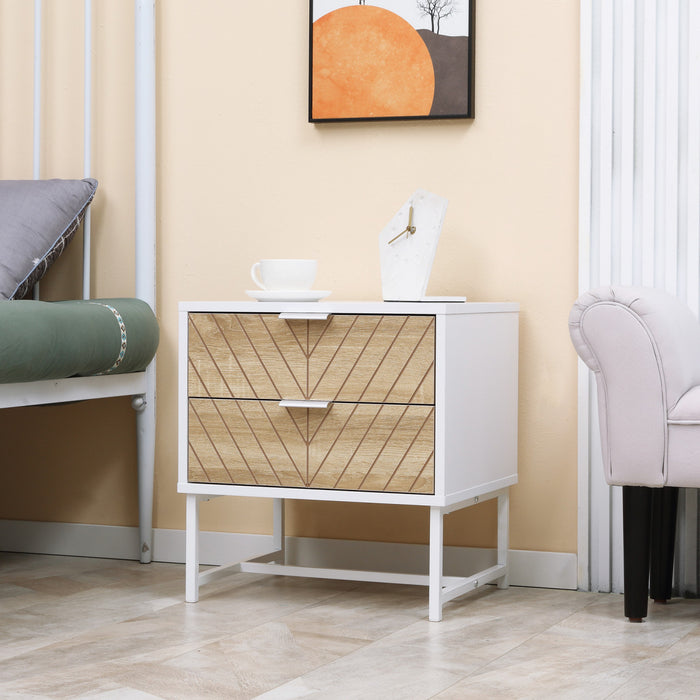 HOMCOM Table de nuit 2 tiroirs et cadre en acier, table d'appoint, blanc