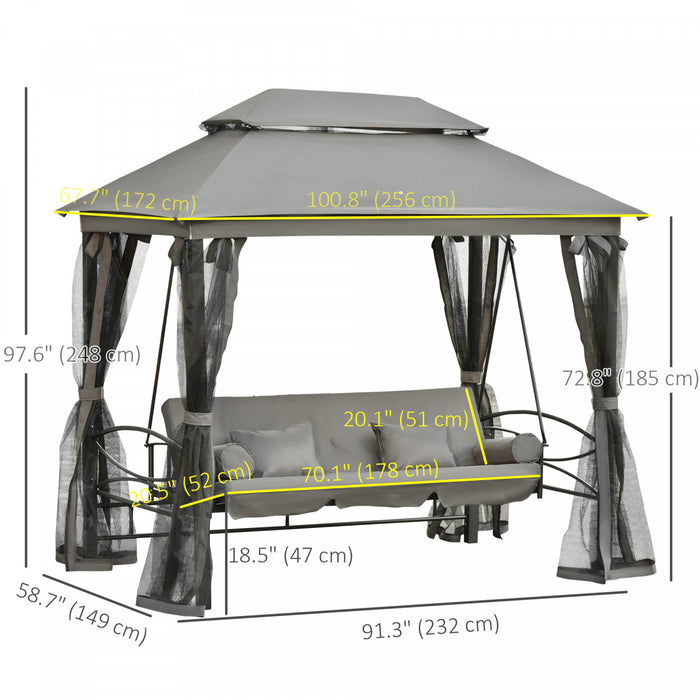 Outsunny Lit De Jour Exterieur 3 Personnes Pour Terrasse 3 En 1 Avec Baldaquin, Tonnelle, Hamac De Jardin Avec Moustiquaire En Maille Et Pare-soleil, Gris