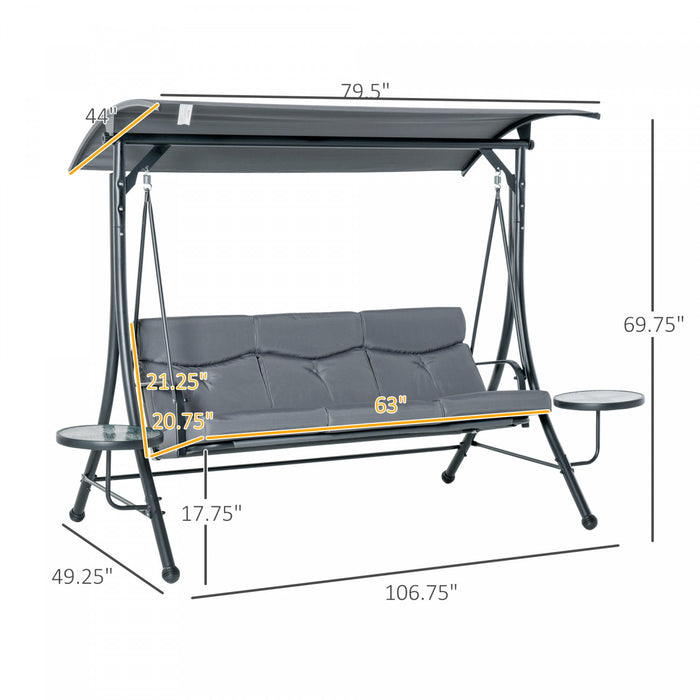 Chaise Pivotante Outsunny A 3 Places Chaise Pivotante En Acier Avec Auvent Reglable, Tables Basses Et Coussin Pour Jardin Patio