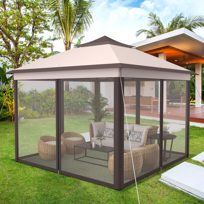 Costway 11’x11’ 2-tier Pop-up Tente Gazebo Abri A Canopy Portatif Sac De Transport Mesh Beige