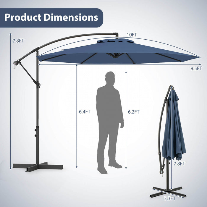 Costway Parasol suspendu 10' pour patio, ombre solaire decalee avec base Croix exterieur Marche Bleu