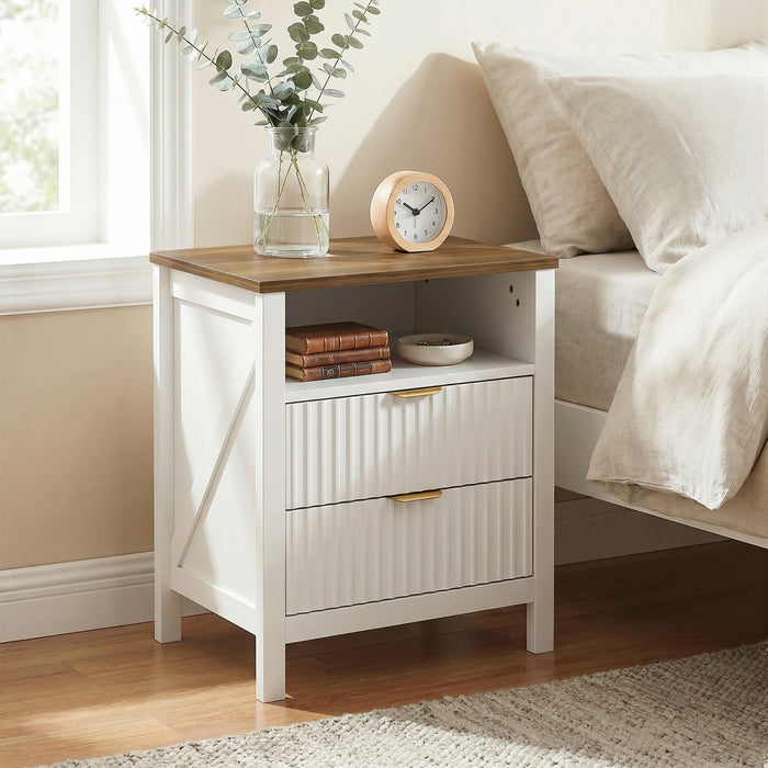 HOMCOM Table de chevet avec etagere et 2 tiroirs, blanc et noyer