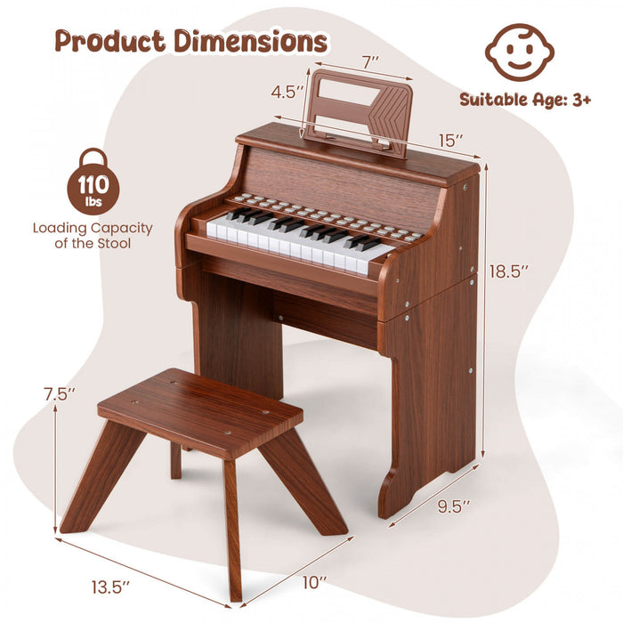 Costway Piano Numerique 25 Touches avec Pupitre, Tabouret, Touches Retroeclairees et Mode Enseignement pour Enfants des 3 Ans - Marron