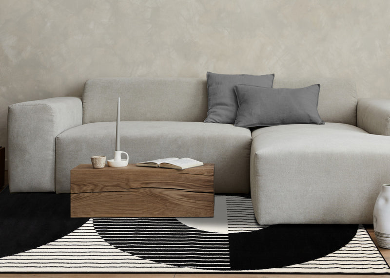 Florence rayures noires et blanches et cercles creux, design moderne, 7'6\" x 9'6\"