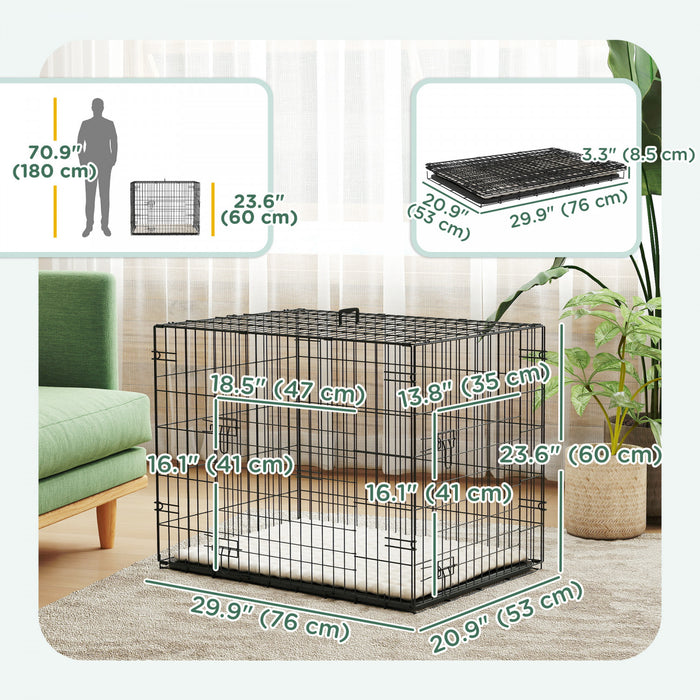 Cage Pour Chien Pawhut, Niche Pliable En Metal De 76 Cm Avec 2 Portes, Plateau Amovible, Coussin Moelleux, Poignee, Cage Pour Petits Chiens, Noir