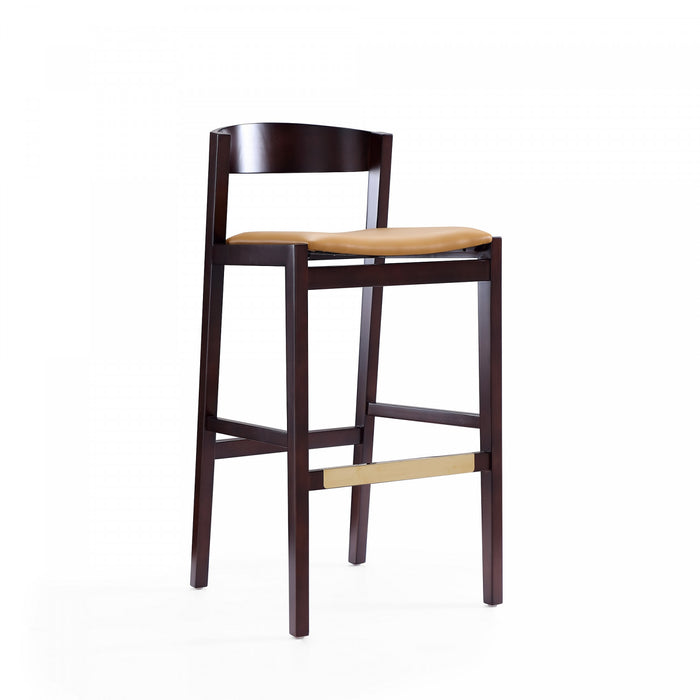 Tabouret de bar en bois rembourre style Klismos mi-siecle moderne, coloris camel - Lot de 2