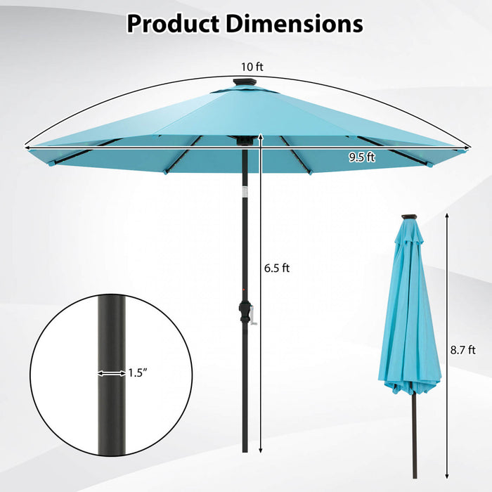 Parasol solaire Costway 10 FT avec 96 LED, inclinaison reglable a 35°, haut ventile, turquoise